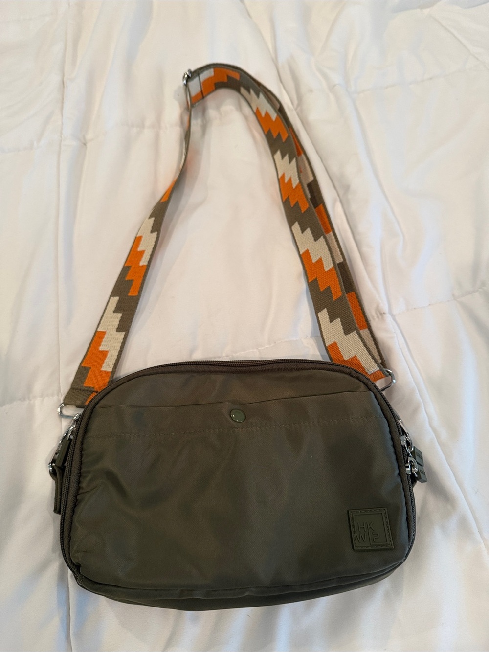 Olive Crossbody Bag with Orange Accent Strap by